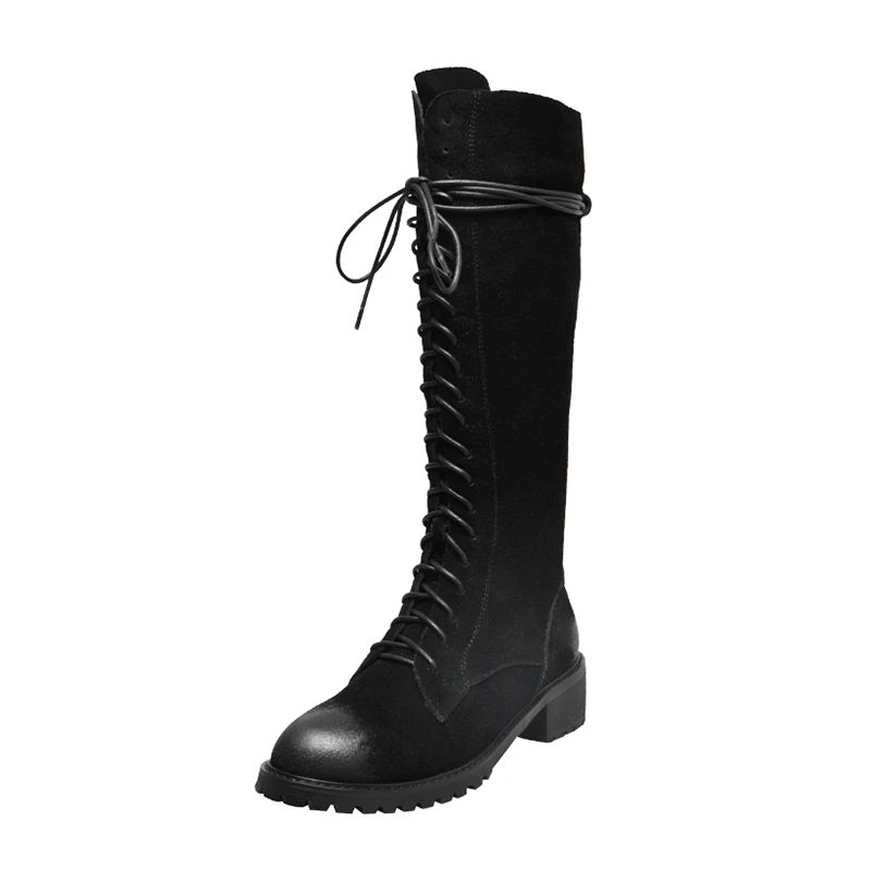 WETKISS Motorcycle Boots Women Thick Heels Boot Round Toe Croos Tied Shoes Female Cow Leather Shoes Ladies Autumn New - Цвет: black suede
