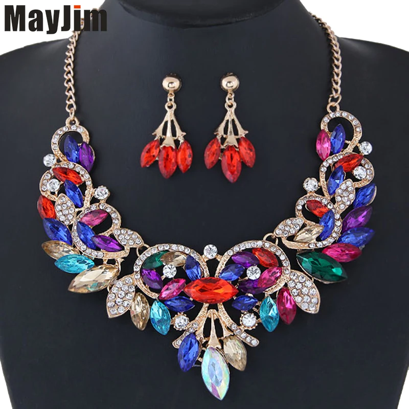 MayJim Fashion long chain Jewelry Sets Geometric Crystal Flower Necklace Earring Women Big brand Wedding Vintage | Украшения и