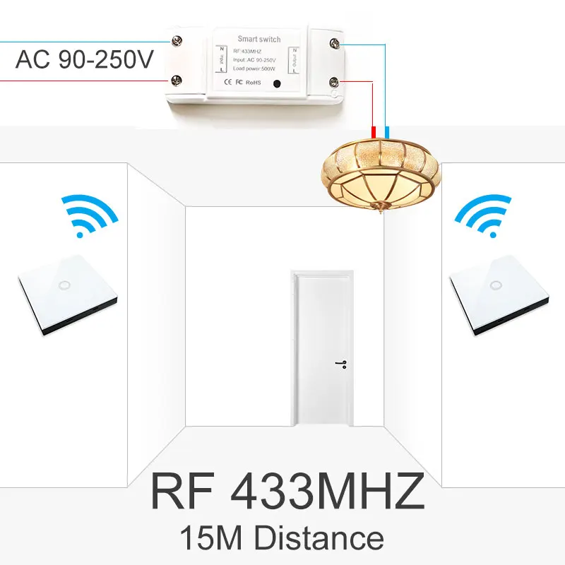 VHome, умный пульт дистанционного управления, сенсорный переключатель, RF 433 МГц, релейный приемник, мощность переменного тока, 90-250 В, 5A, беспроводной светодиодный светильник, переключатель, передатчик