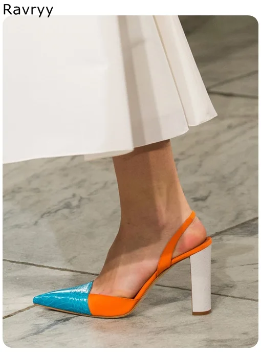 

Blue orange mixed color Woman sandals high heel ankle buckle pointed toe Sexy Pumps thick heel female party dress single shoe