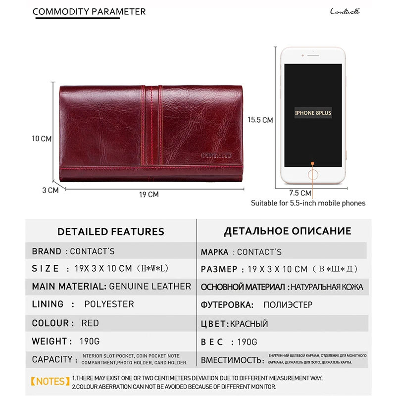 Contact's Genuine Leather Wallet Women Wallet Credit Card Holder Female Purse Organizer Walet Women Clutch Bag Red Green Long