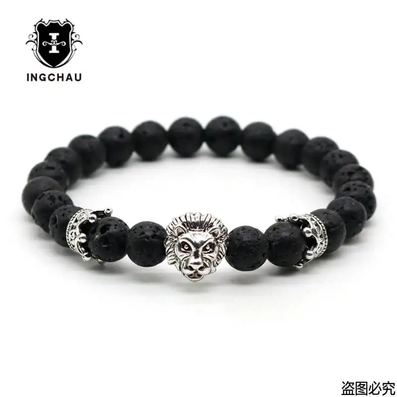 Античное золото-Цвет Будды Leo Lion Head Браслет Из Черной Лавы камень бисером Браслеты для Для мужчин Для женщин браслеты Hombre N4-3 - Окраска металла: C Lava Silver