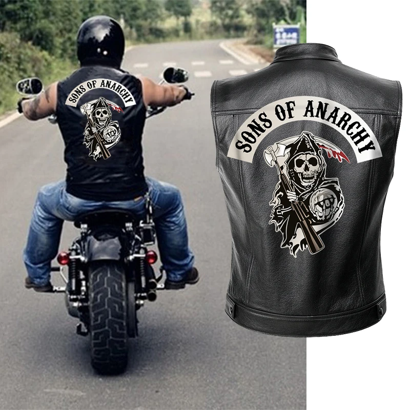 

Мужская кожаная куртка Sons of Anarchy, мотоциклетная весенняя куртка, черный мотоциклетный жилет