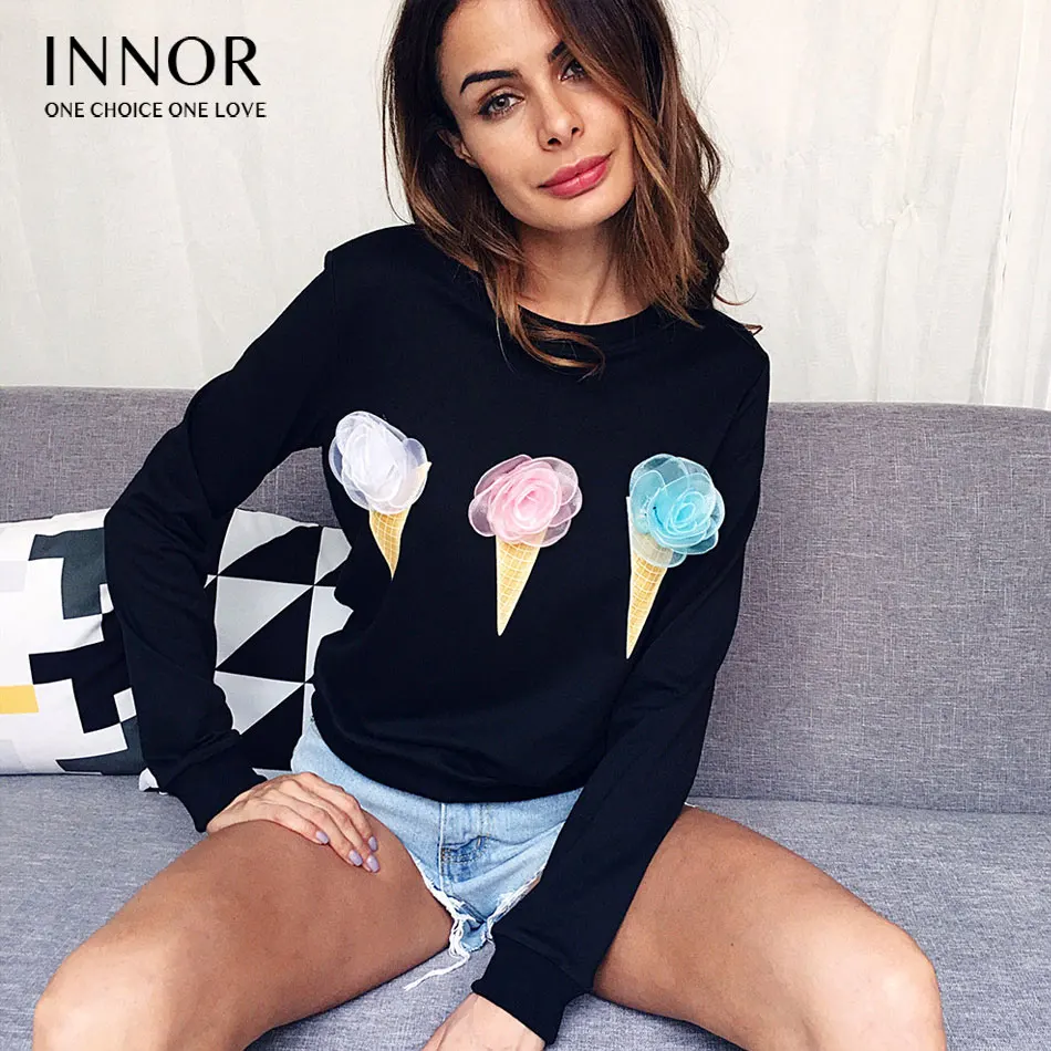 INNOR/осенние повседневные женские свободные футболки с длинными рукавами топы