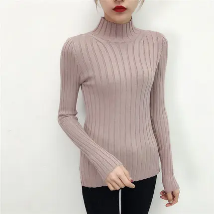 2019 White turtleneck sweater and semi small fresh female short thick slim tight long sleeved all-match knitted shirt | Женская одежда