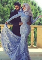 blue muslim evening dresses mermaid long sleeves appliques lace scarf islamic dubai saudi arabic long elegant evening gown