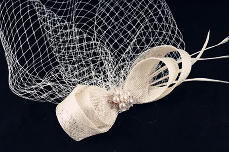 

Wedding Headwear Bridal Fascinator Hair Accessory Sinamay Trim and Birdcage Veil with Rhinestone Brooch Adorned Multiple Colors
