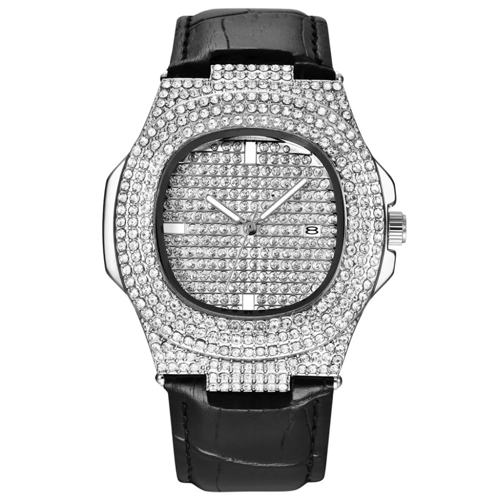 Мужские наручные часы сверкающие полностью Стразы кварцевые Iced Out золотые