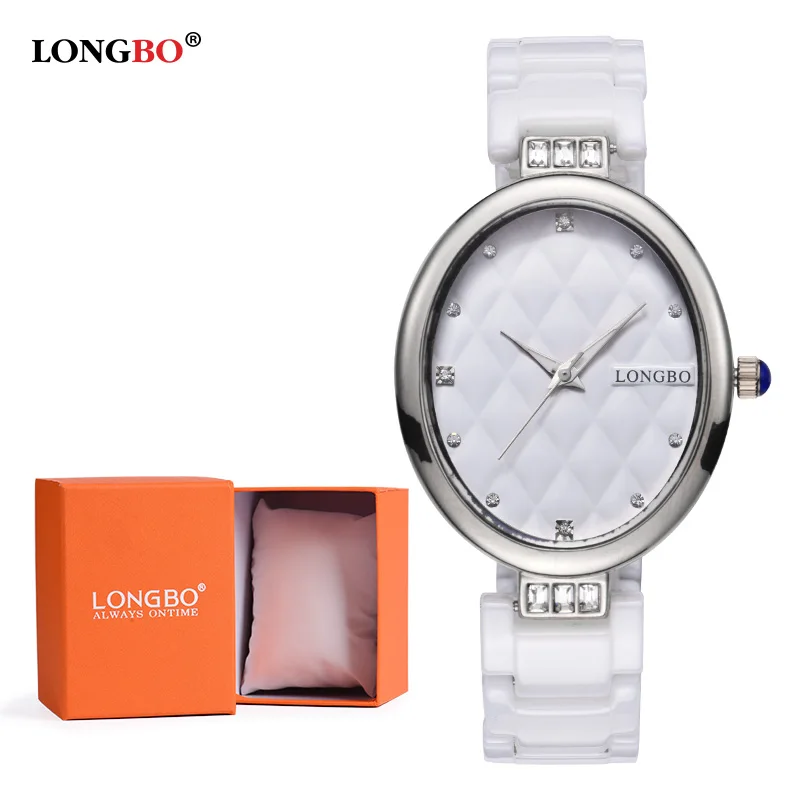 Silver with box LONGBO бренд новые роскошные женские часы модные водонепроницаемые керамические женские кварцевые часы Повседневные Классические наручные часы подарки 80056 - Цвет: Silver with box