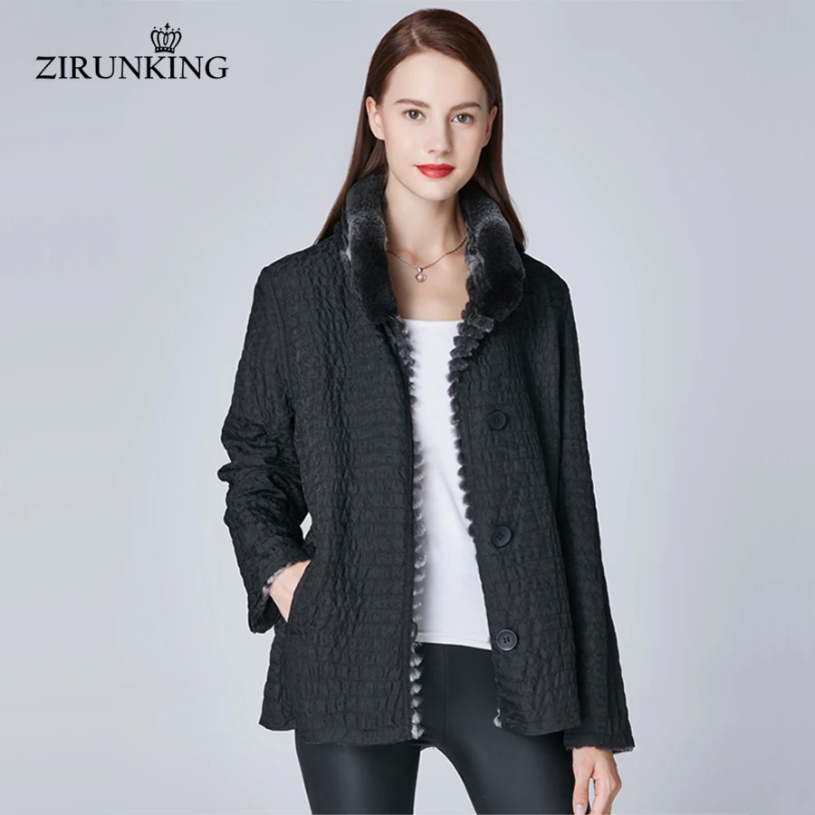 ZIRUNKING женский Настоящий мех кролика Черная курточка женские двустороннее