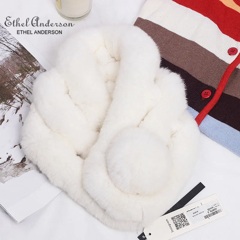 Off White(2) Ethel Anderson шарф из натурального кроличьего меха с помпоном женские шикарные вязаные женские шарфы пушистый воротник теплый для шеи - Цвет: Off White(2)