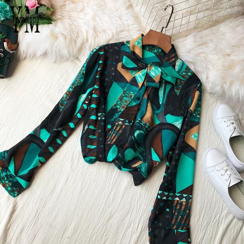 Женская блузка рубашка с винтажным принтом весна осень блуза расклешенным