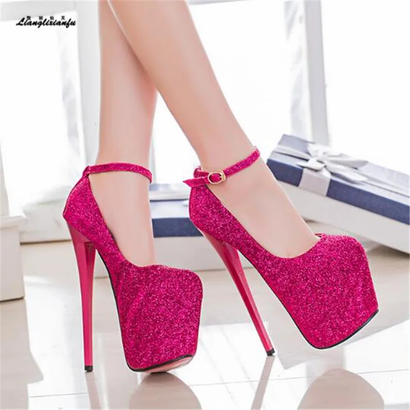 LLXF zapatos/Большие размеры: 34-41, 42, 43, пикантные туфли для ночного клуба на высоком каблуке 19 см с блестками женские туфли-лодочки на шпильке с пряжкой - Цвет: Красный