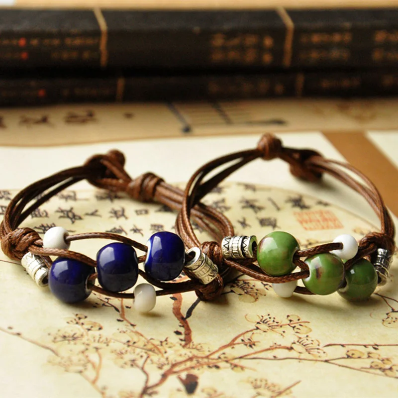 Керамические бисерные браслеты античные серебро бусины шарм плетение веревка