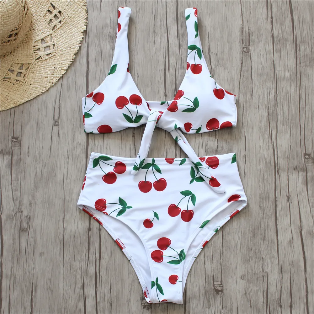 Cherry Print Bikini Push Up Front Knot Bikini 2019 Women Mujer Swimwear Biquini High Waist Bikini Set Sexy Swimming Suit black color print square neck tie up front high waist bikini set