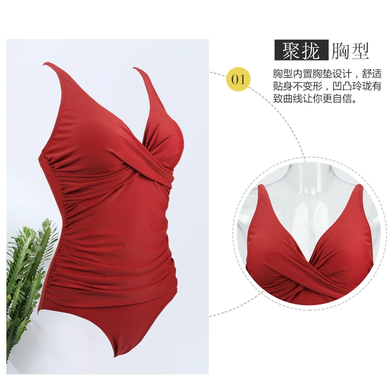Сексуальный купальник большого размера 2019 цельный красного цвета в стиле ретро