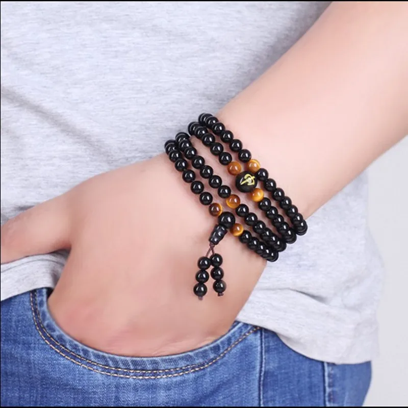 Прямая поставка бусины 6 мм 108 Будды из натурального черного обсидиана подвески