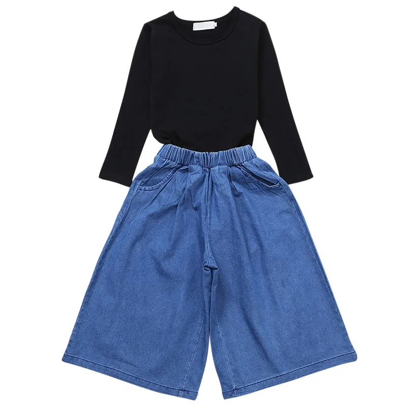 Комплект одежды для девочек Однотонная рубашка + Широкие джинсовые штаны 2