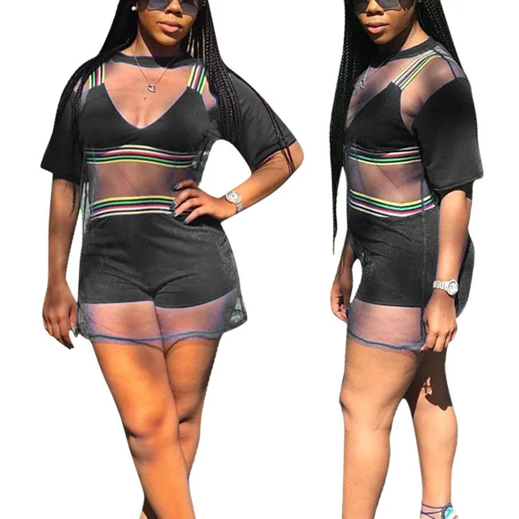 Сексуальный комплект из трех предметов летний костюм сетчатый укороченный топ и