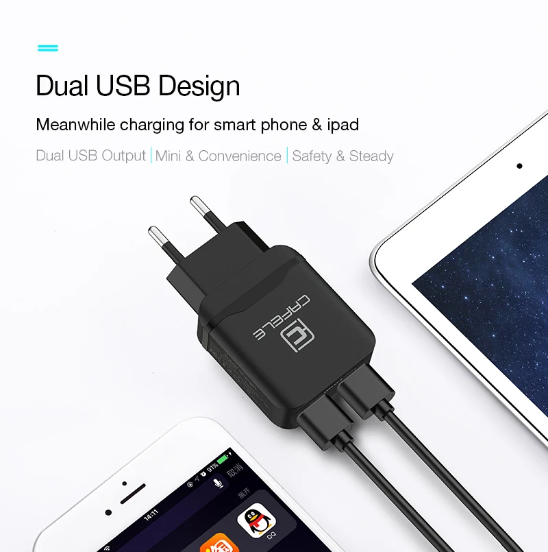 CAFELE EU зарядное устройство с разъемом для путешествий USB 2.4A двойной выход универсальный адаптер зарядное устройство смартфон зарядное устройство с 2 в 1 Выдвижной кабель