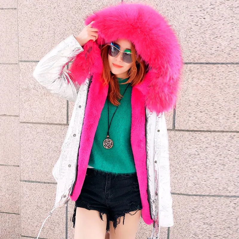 Big Real Fur Hooded Loose Pockets Waterproof Silver Thick Warm Parkas Coats Office Lady Red Faux Liner Brand Jackets Outwear Hot | Женская