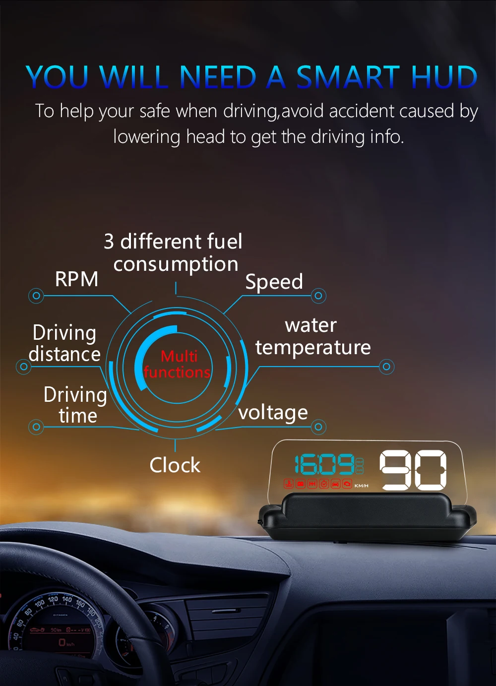 C500 OBD2 автомобильный проектор скорости Hud Дисплей цифровые часы спидометра об/мин для Универсальный, оптический II Автомобильная электроника Аксессуары
