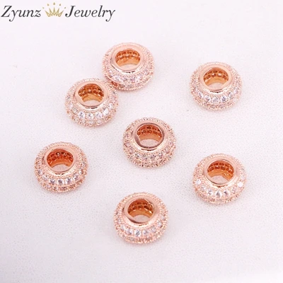 rose gold color 10 шт ZYZ320-5852 CZ микро проложить Большое Отверстие Rondelle бусины, кубический цирконий проложить бусины, круглые шарики, CZ разделительные бусины фурнитура - Цвет: rose gold color
