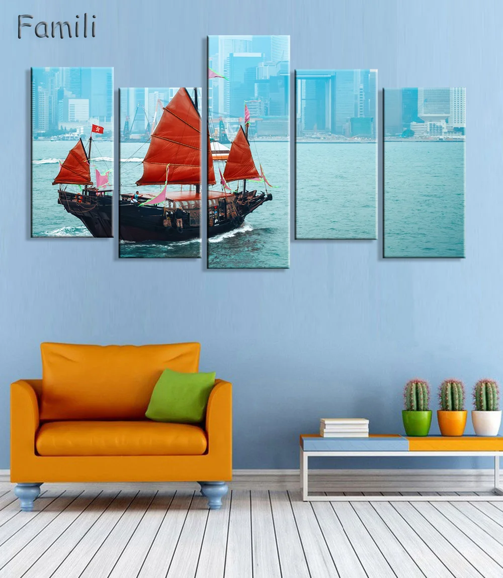 5 панельных холщовых картин с парусником для гостиной современные декоративные