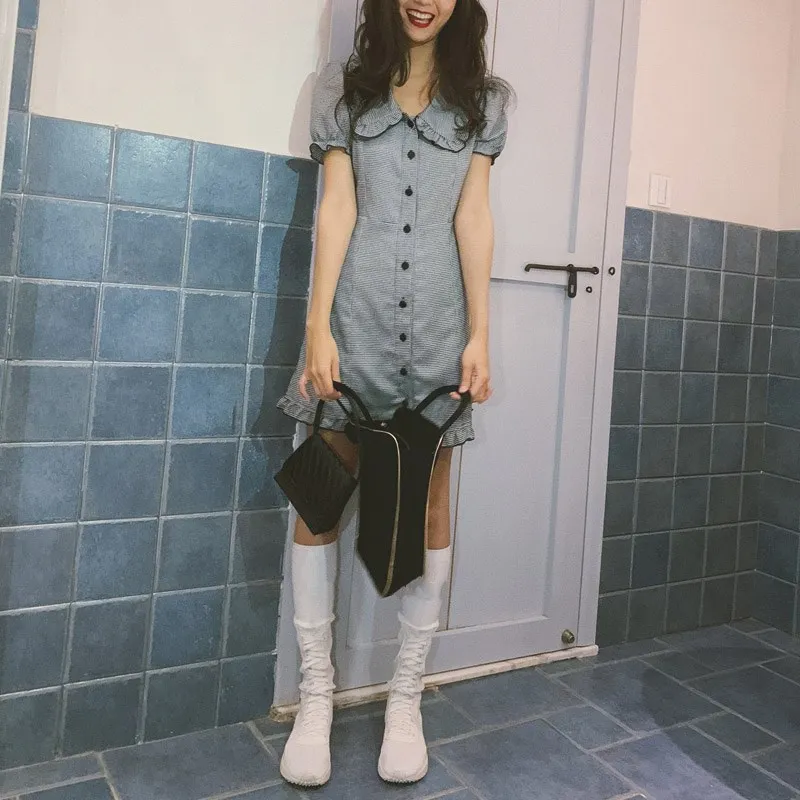 Летнее женское пляжное платье Kawaii в черно-белую клетку с оборками винтажное