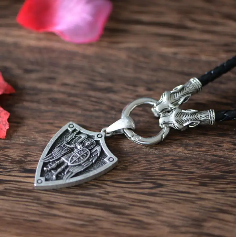 Leather Cord One Langhong 1 шт. Archangel St. Michel защитите меня Святой щит Молитвенное религиозное ожерелье защита Шарм ожерелье ювелирные изделия-талисманы - Окраска металла: Leather Cord One