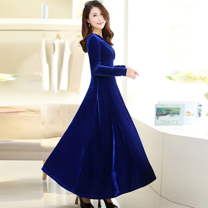 Зимнее Золотое вельветовое длинное платье большого размера с длинным рукавом и