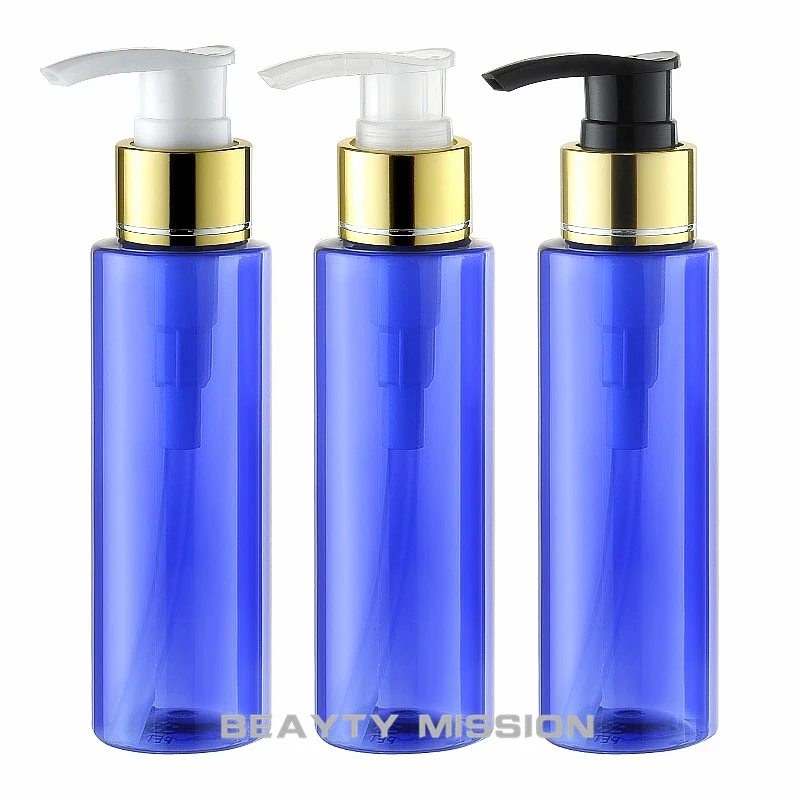 BEAUTY MISSION 100ml X 48 empty blue plastic lotion bottle, DIY cosmetic packaging PET pump bottle, plastic cosmetic bottles