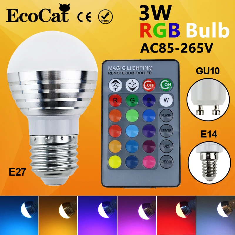 Светодиодная RGB лампа E27 E14 GU10 220 В перем. Тока 3 Вт 16 цветов|control traffic lights|light gimbalcontrol