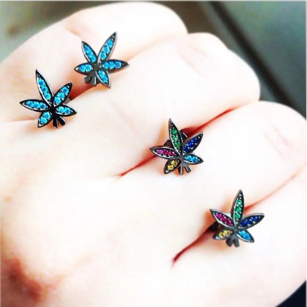 

Maple Leaf stud earring paved rainbow colorful cz minimal 2019 spring new design jewelry for women