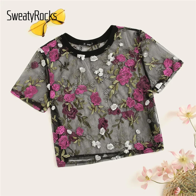 SweatyRocks Цветочный вышитый укороченный сетчатый топ с коротким рукавом и круглым вырезом, уличная одежда, сексуальные прозрачные топы, модные летние повседневные блузки