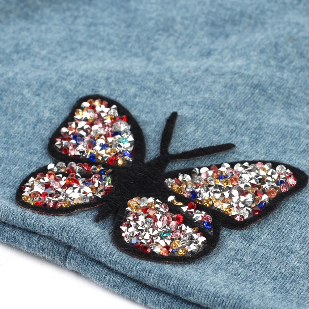 

Geebro Women's Butterfly Beanie Hat Autumn Fashion Rhinestone Slouchy Beanies for Ladies Woman Plain Flat Cotton Bonnet Hats