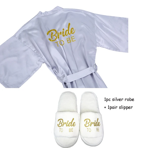 silver 2pc set Sisbigdey/комплект из 3 предметов для невесты; халат; тапочки; Атласный халат с поясом; женские блестящие золотые вечерние кимоно для невесты - Цвет: silver 2pc set