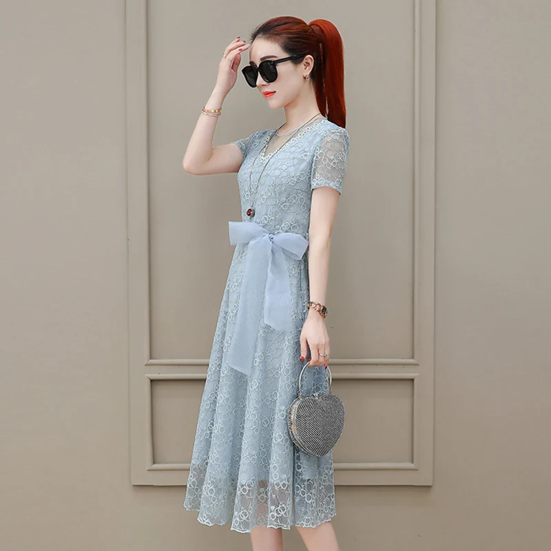 Платье женское шифоновое средней длины модное элегантное однотонное кружевное с