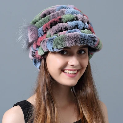 Color 5 Зимние шапки, шапочки, настоящий мех кролика, цветы, в полоску, вязаная шапка из кроличьего меха, шапки, повседневные, натуральный мех, женская шапка для русской зимы - Цвет: Color 5
