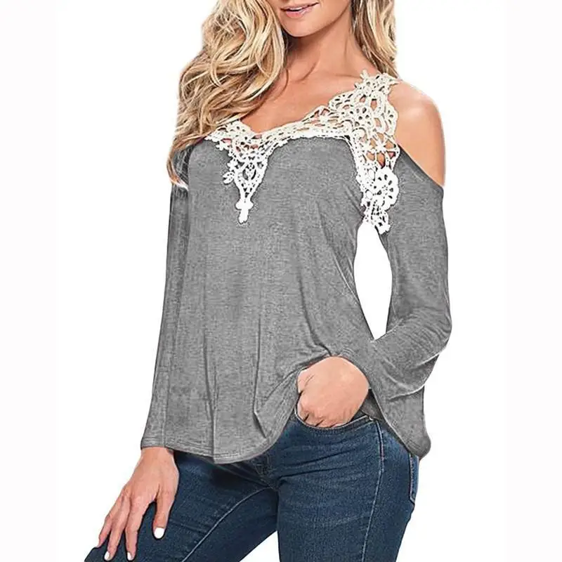 

Summer Fashion Solid Color Casual T-shirt YAN QING HUAN New 2018 Lace Stitching Sexy V-neck Long-sleeved Strapless Top T-shirt