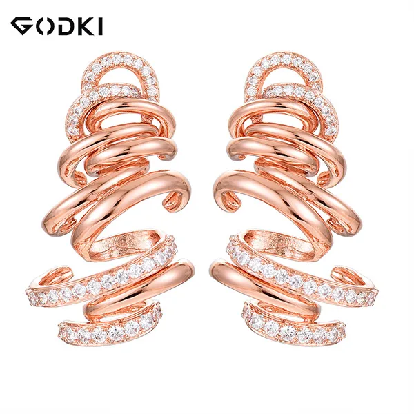 Rose Gold GODK Monaco Дизайн Роскошные Торнадо песчаная буря массивные серьги для женщин Свадебные с кубическим Цирконом вечерние Дубай серебряные свадебные украшения - Окраска металла: Rose Gold