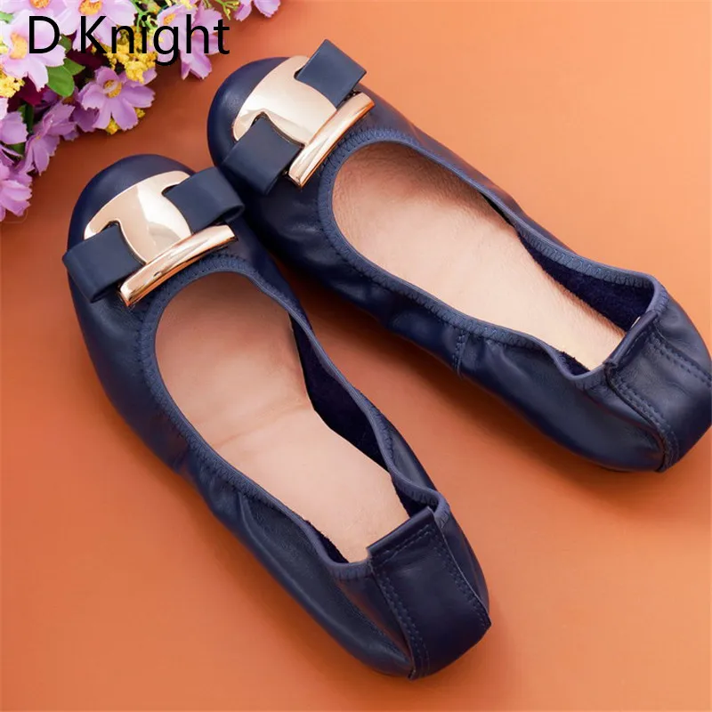 2023 New Women Flat Loafers Shoes Slip-on Bow Metal Decoration Casual Ballet Flat Genuine Leather Women Ballerina Shoes Big Size