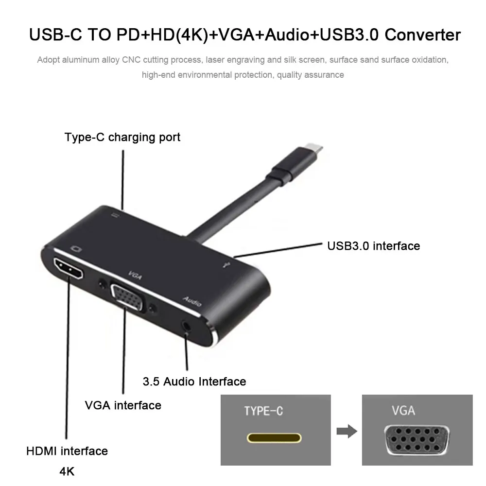 5 в 1 Тип C вход аудио/видео кабель к HDMI/VGA/USB 3 0/Аудио/USB C/PD порт зарядки адаптер