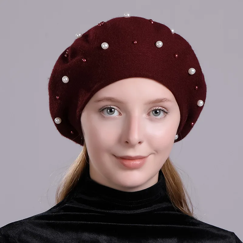 wine red Берет Женская зимняя вязаная шапка бини жемчужная теплая Осенняя кашемировая шерсть Открытый Лыжный аксессуар Женский однотонный цветной головной убор - Цвет: wine red