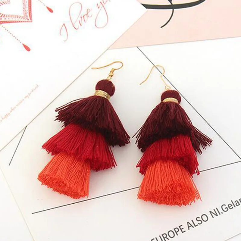 Женские неоновые серьги с кисточками богемные трехслойные многоцветной