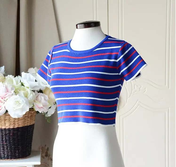 Женский укороченный пуловер в полоску с коротким рукавом | Женская одежда