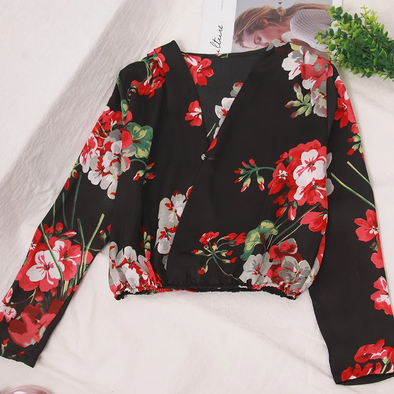 Модная сексуальная блуза с v образным вырезом 2019 Boho цветочным принтом Blusas Femininas