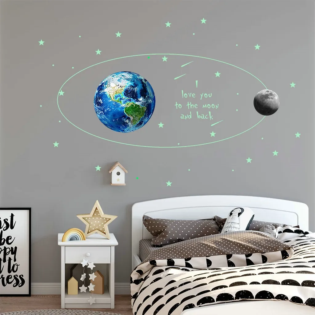 Светящаяся луна земля комбинация мультяшная Наклейка на стену детская комната