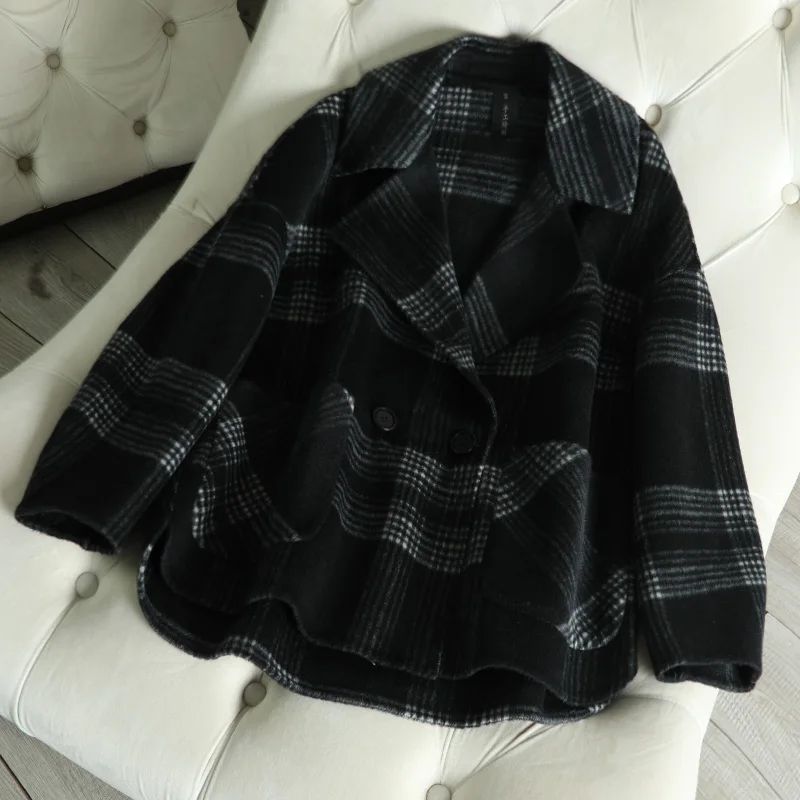

New 100% wool coat plus size cashmere overcoat no liner regular plaid wool jacket plaid korean spring 2019 fashion black coats