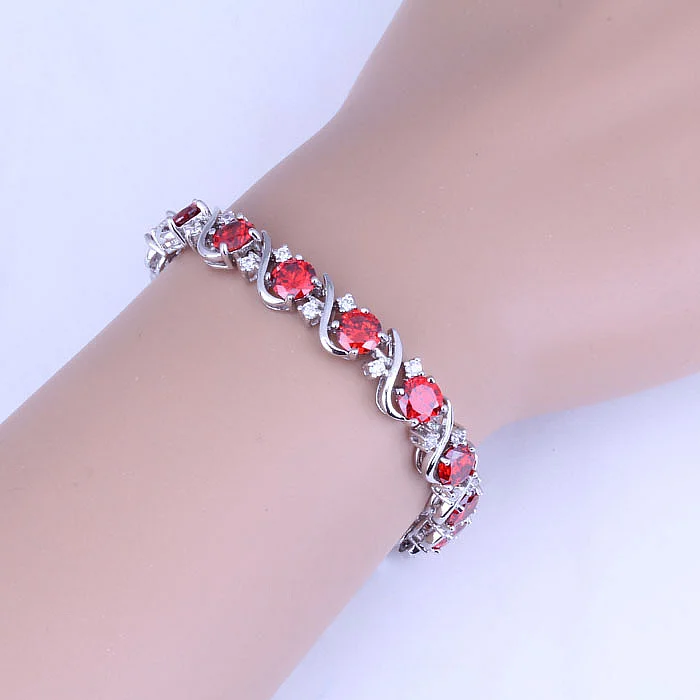 Роскошный красный браслет с имитацией граната серебряного цвета белым